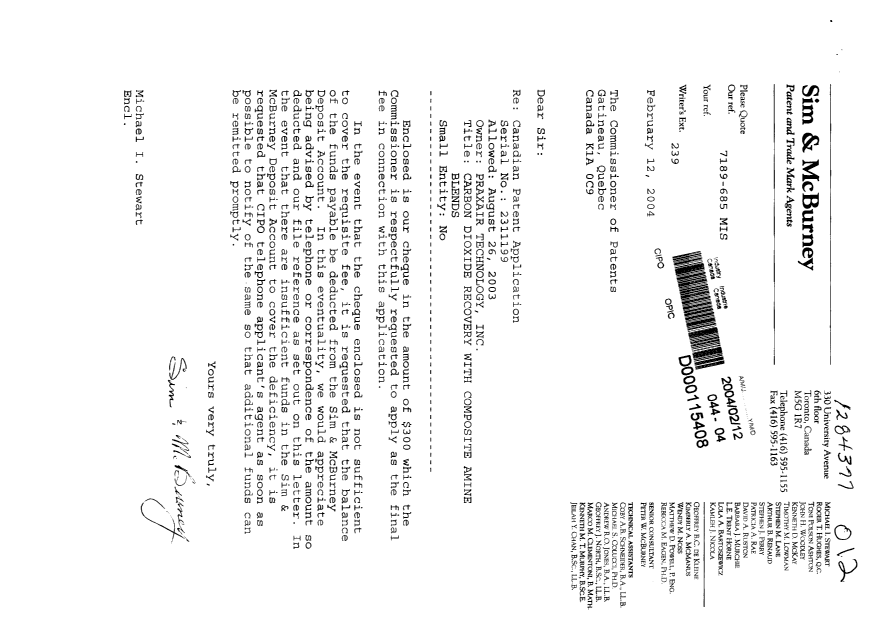 Document de brevet canadien 2311199. Correspondance 20040212. Image 1 de 1