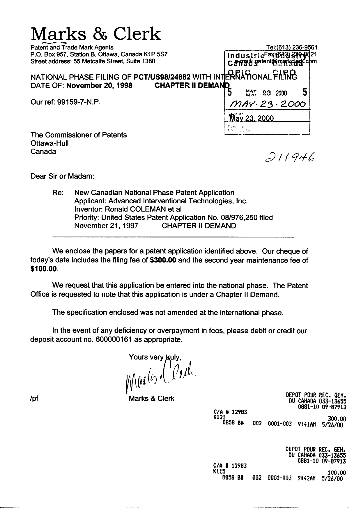 Document de brevet canadien 2311327. Cession 20000523. Image 1 de 2