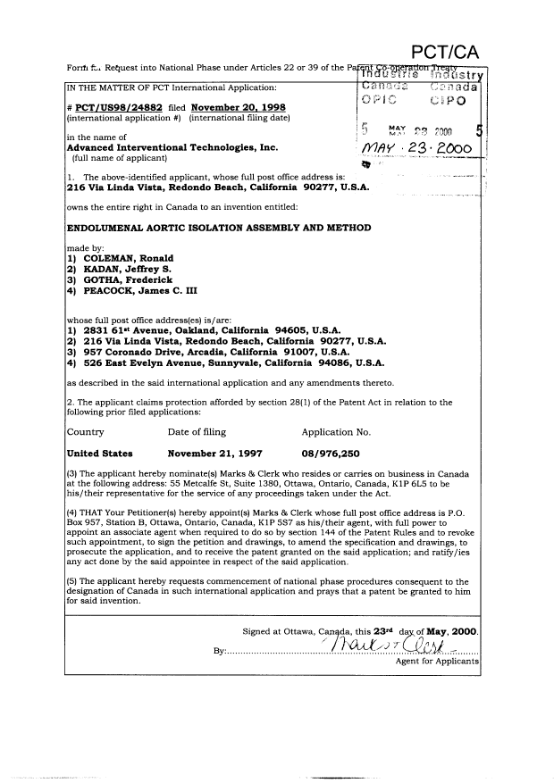 Document de brevet canadien 2311327. Cession 20000523. Image 2 de 2