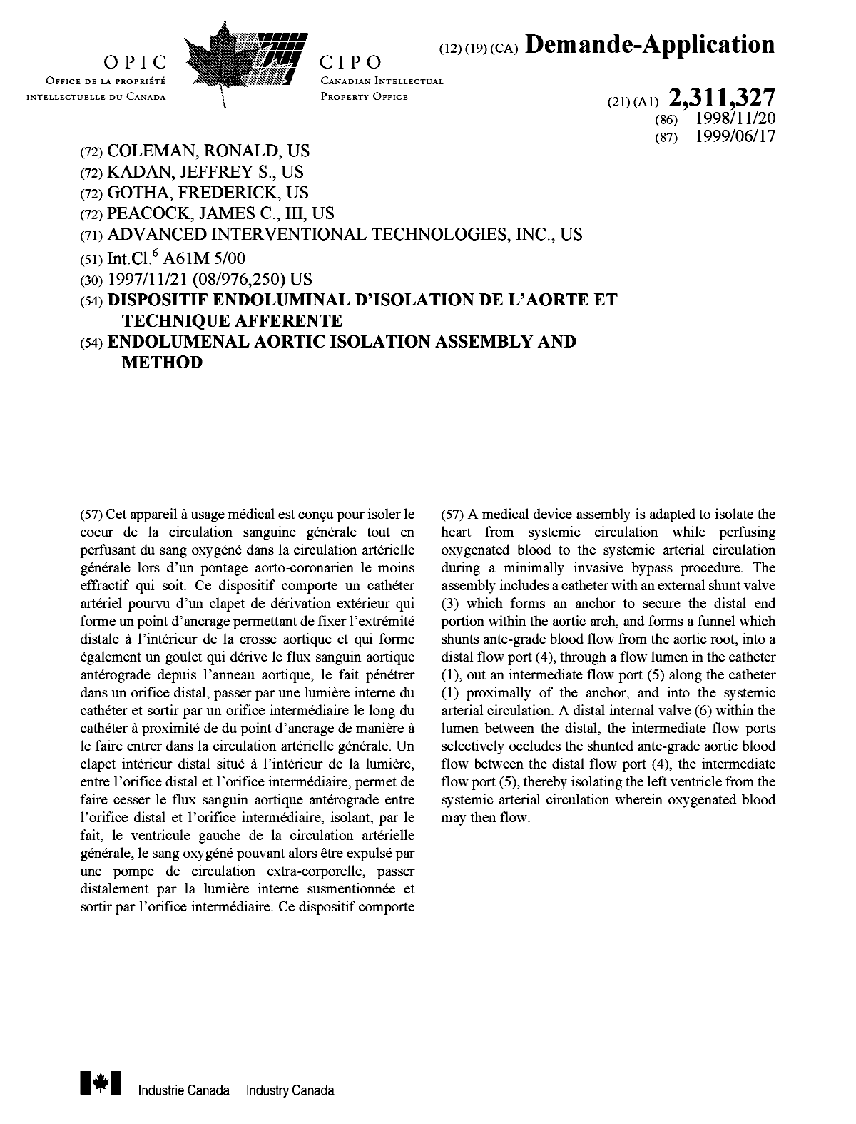 Document de brevet canadien 2311327. Page couverture 20000808. Image 1 de 2