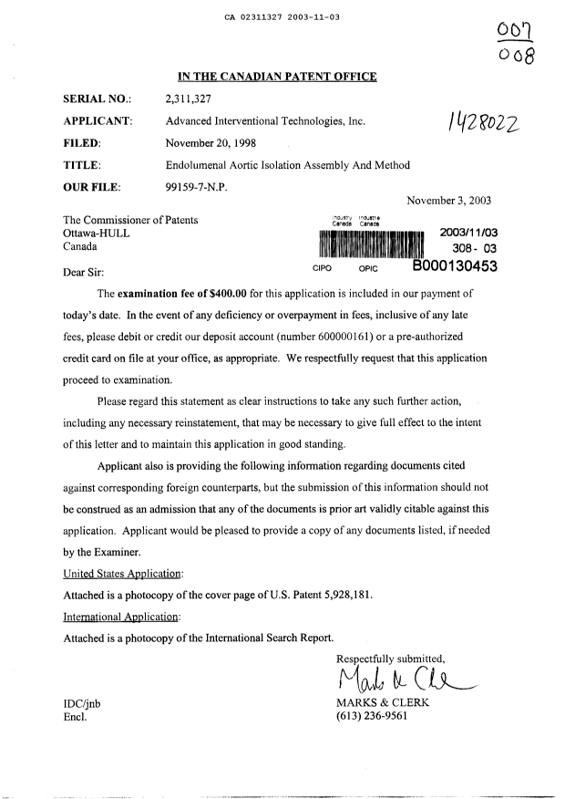 Canadian Patent Document 2311327. Prosecution-Amendment 20031103. Image 1 of 1