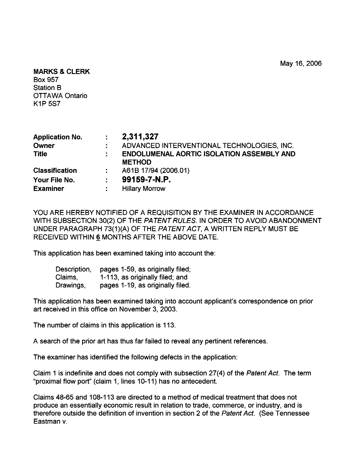 Document de brevet canadien 2311327. Poursuite-Amendment 20060516. Image 1 de 2