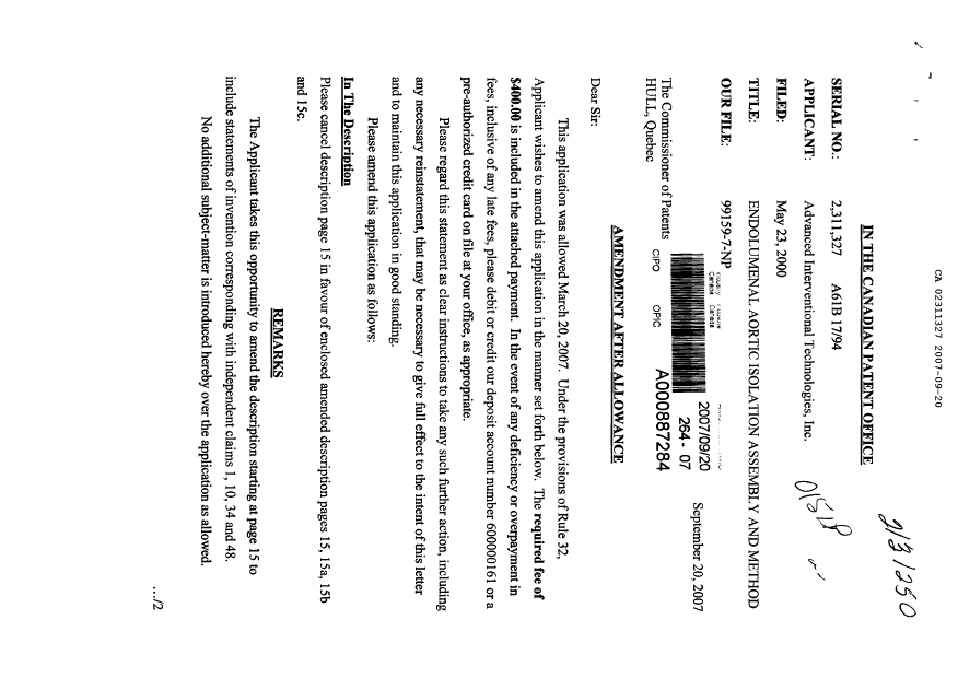 Document de brevet canadien 2311327. Poursuite-Amendment 20070920. Image 1 de 6