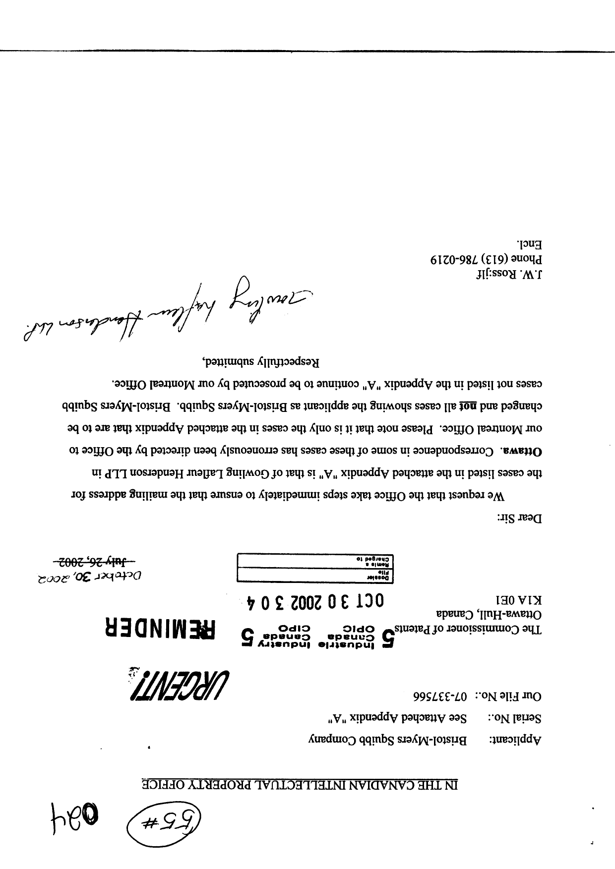 Document de brevet canadien 2311868. Correspondance 20011230. Image 1 de 3
