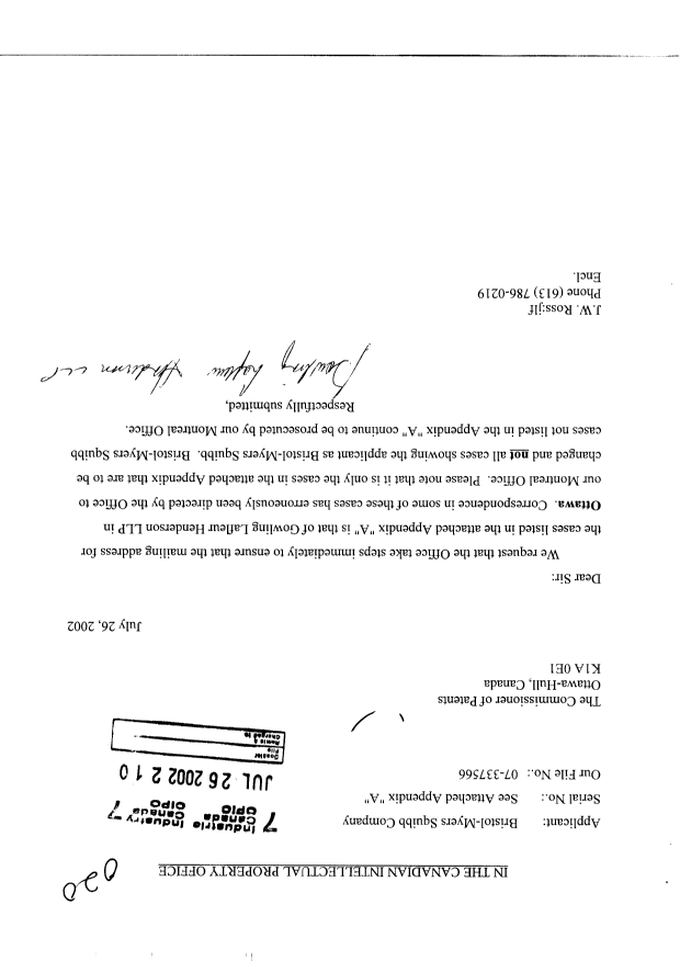 Document de brevet canadien 2311868. Correspondance 20020726. Image 1 de 3