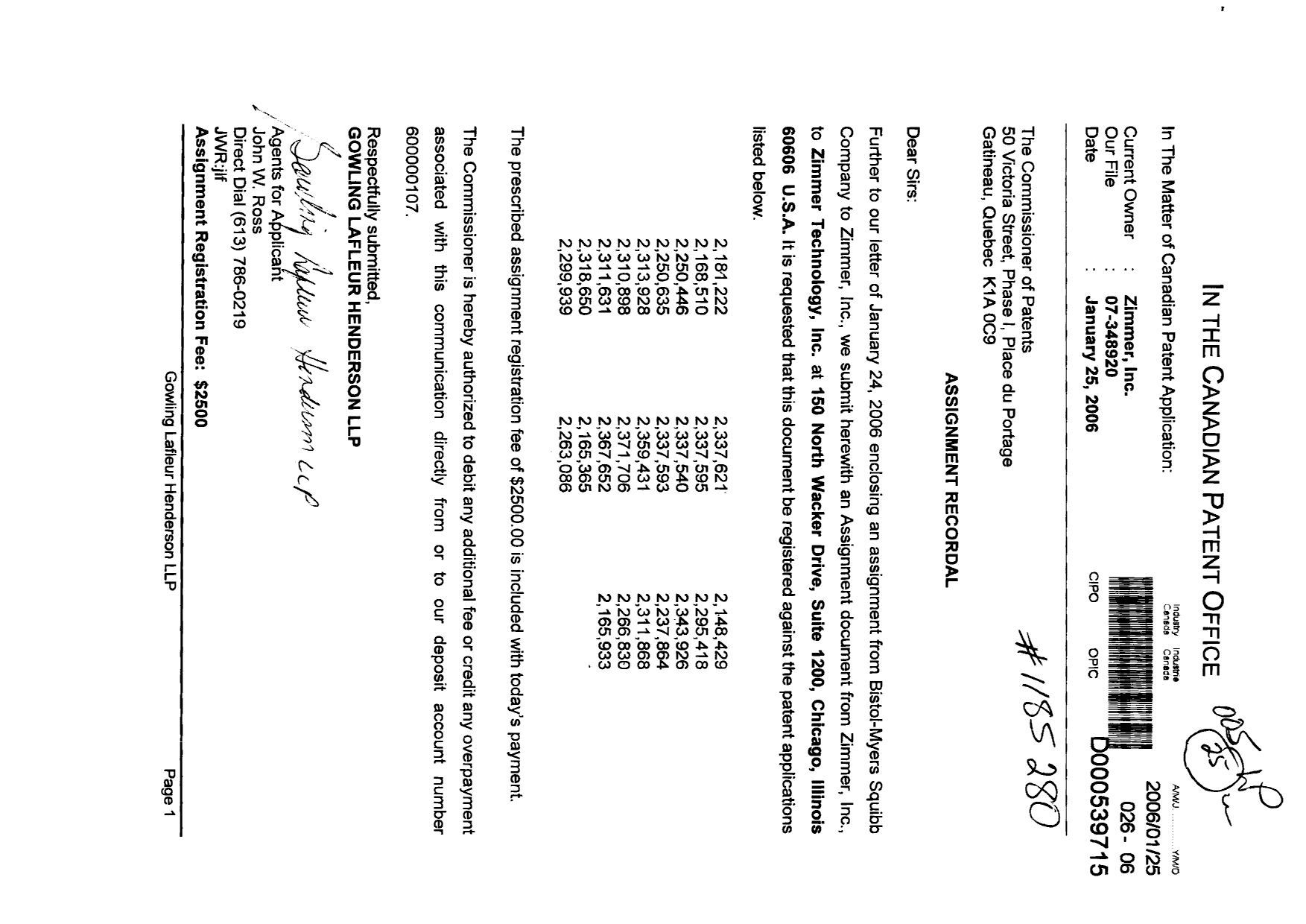 Document de brevet canadien 2311868. Cession 20051225. Image 1 de 5
