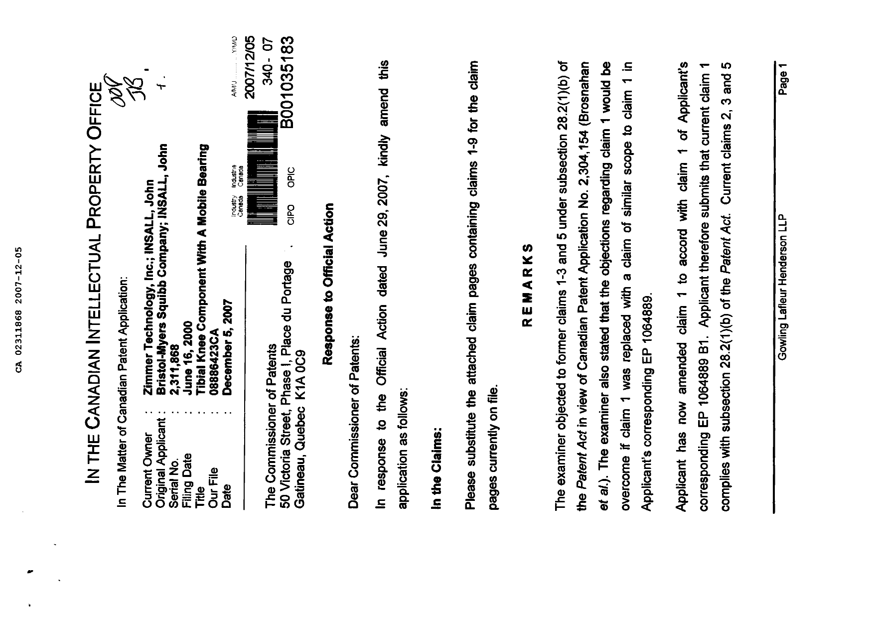 Canadian Patent Document 2311868. Prosecution-Amendment 20061205. Image 1 of 4
