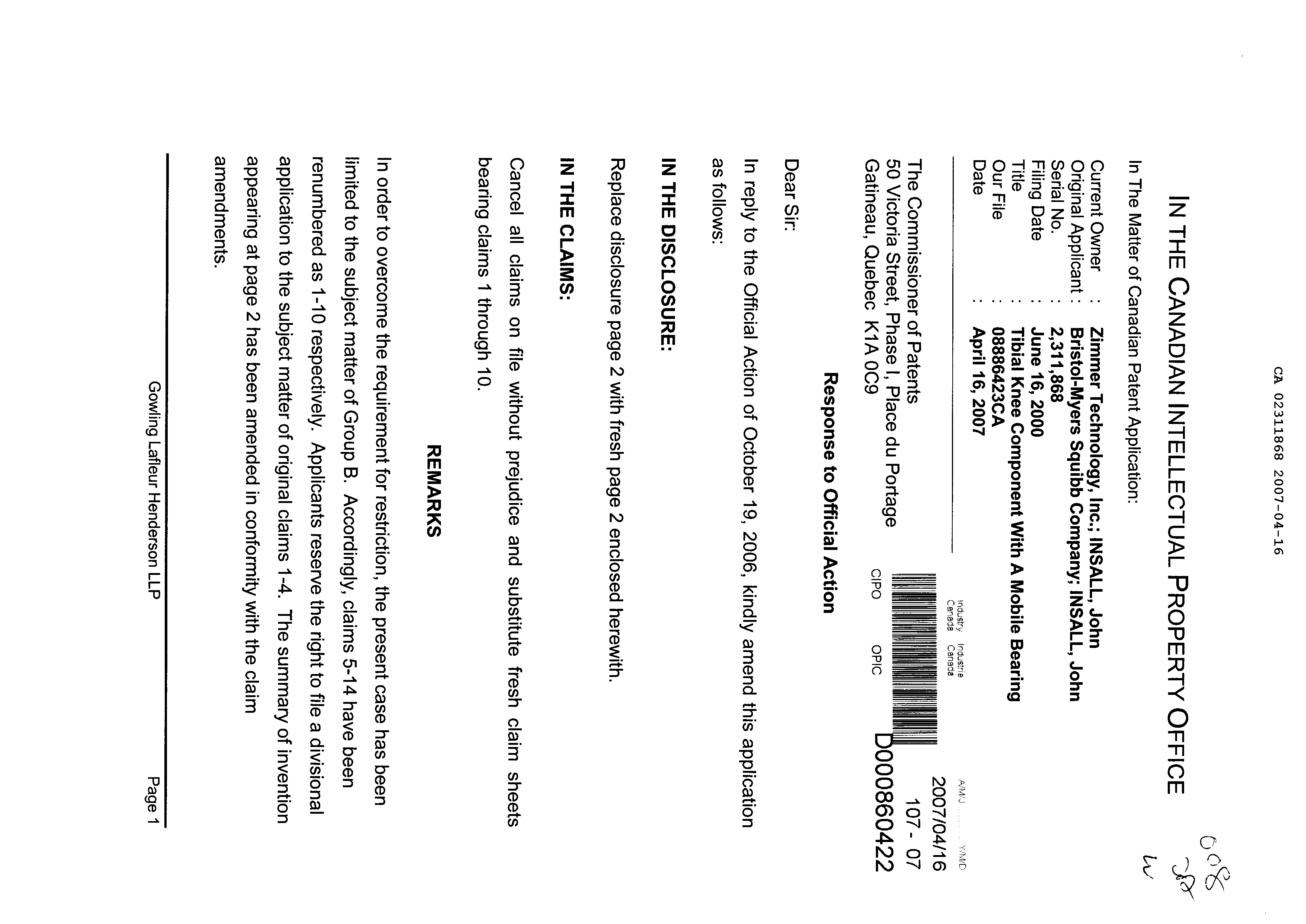 Document de brevet canadien 2311868. Poursuite-Amendment 20061216. Image 1 de 5