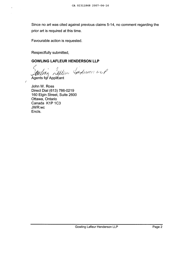 Document de brevet canadien 2311868. Poursuite-Amendment 20061216. Image 2 de 5