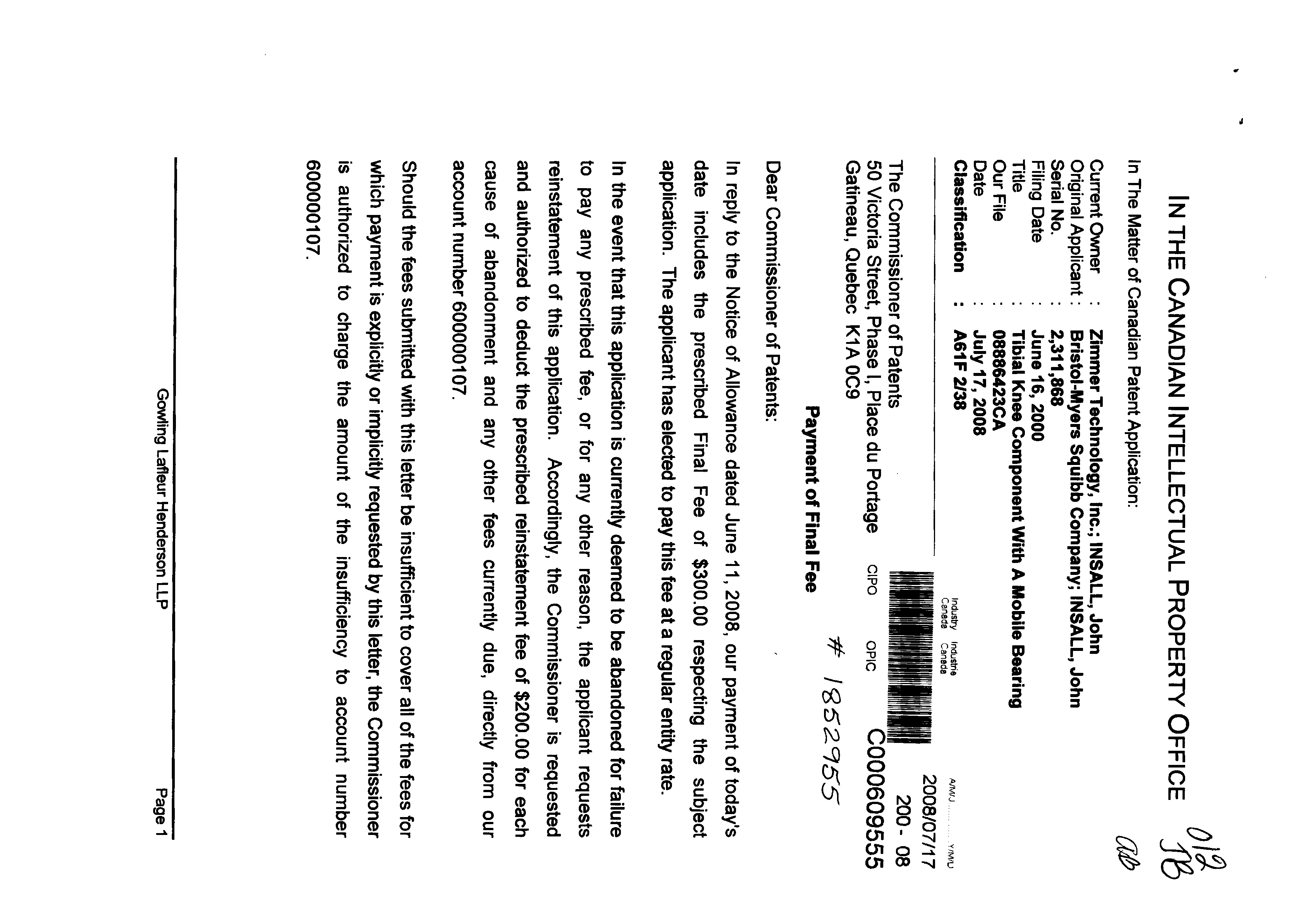 Document de brevet canadien 2311868. Correspondance 20071217. Image 1 de 2