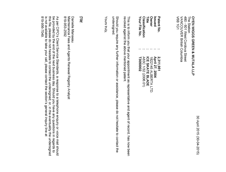 Document de brevet canadien 2311951. Correspondance 20150430. Image 1 de 1