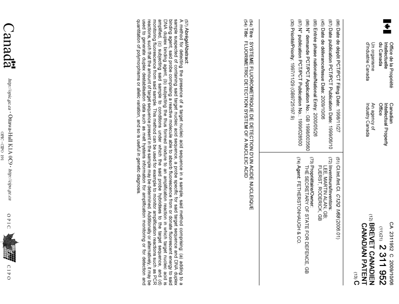 Document de brevet canadien 2311952. Page couverture 20090908. Image 1 de 1