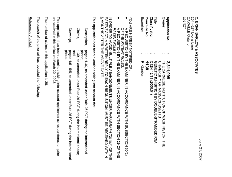 Canadian Patent Document 2311999. Prosecution-Amendment 20070621. Image 1 of 3