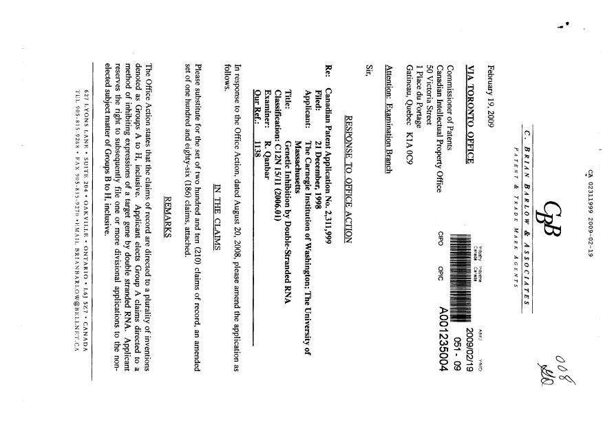 Document de brevet canadien 2311999. Poursuite-Amendment 20090219. Image 1 de 30