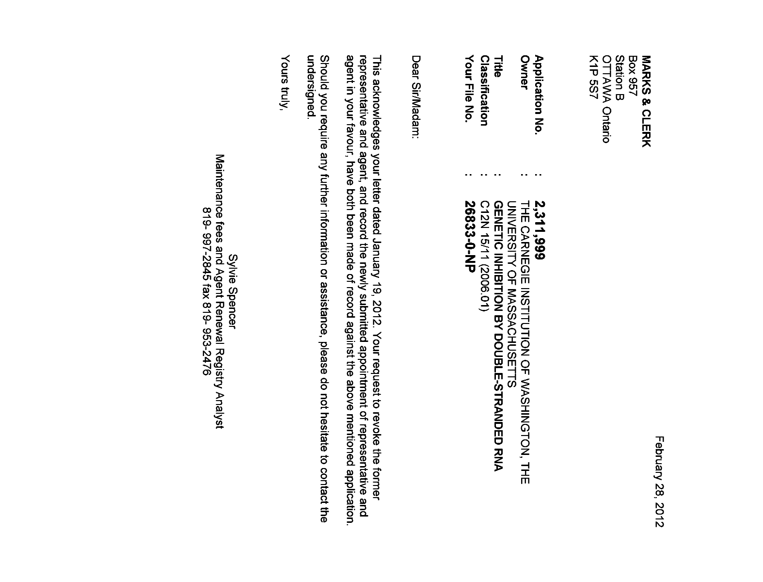 Canadian Patent Document 2311999. Correspondence 20120228. Image 1 of 1