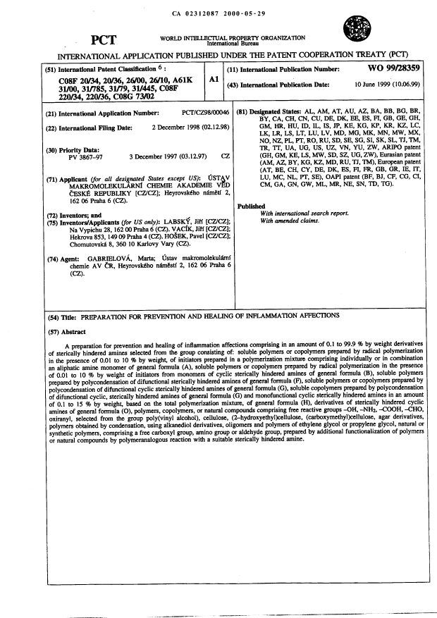Canadian Patent Document 2312087. Abstract 20000529. Image 1 of 1