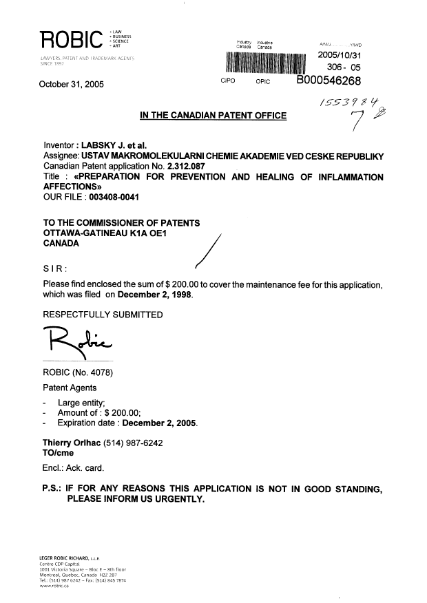 Canadian Patent Document 2312087. Fees 20051031. Image 1 of 1