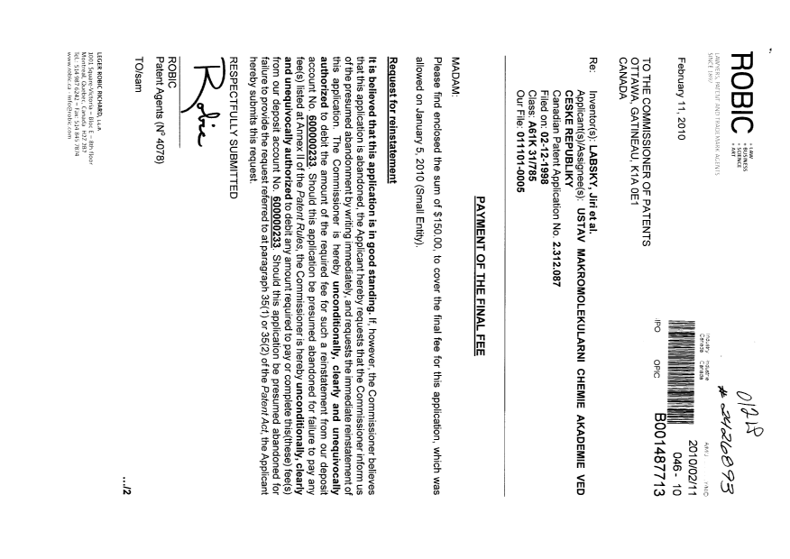 Document de brevet canadien 2312087. Correspondance 20100211. Image 1 de 2