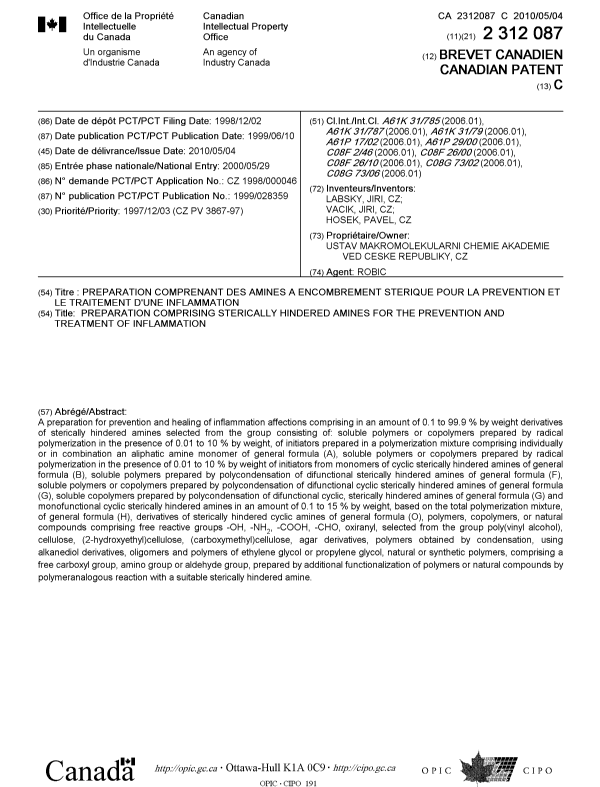 Canadian Patent Document 2312087. Cover Page 20100408. Image 1 of 1