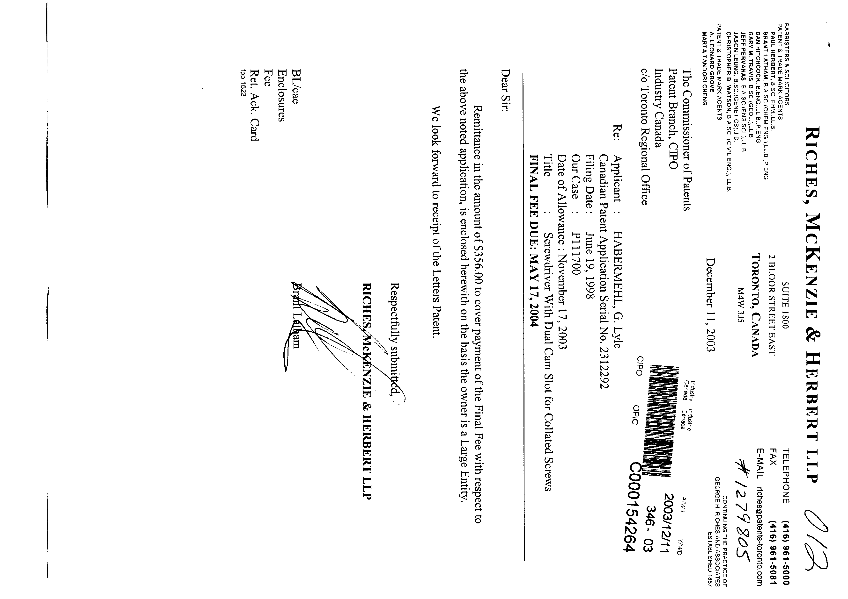 Canadian Patent Document 2312292. Correspondence 20021211. Image 1 of 1