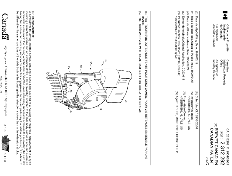 Canadian Patent Document 2312292. Cover Page 20040123. Image 1 of 1