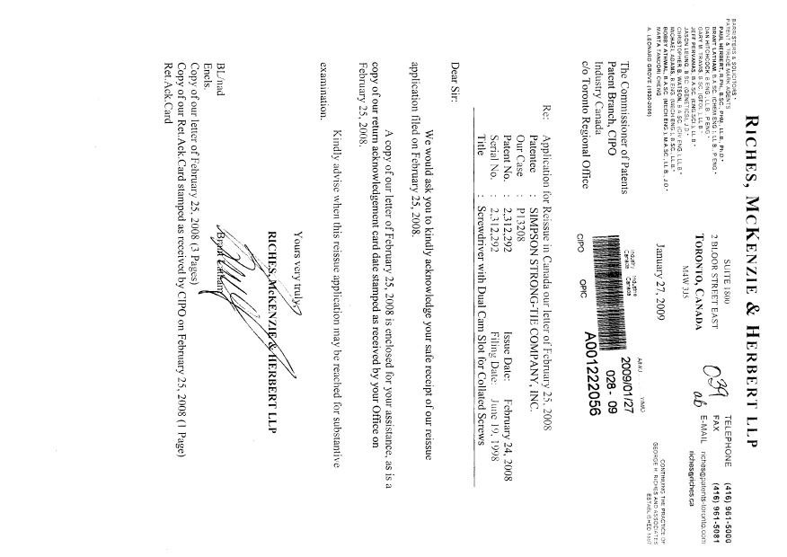 Document de brevet canadien 2312292. Correspondance 20081227. Image 1 de 5