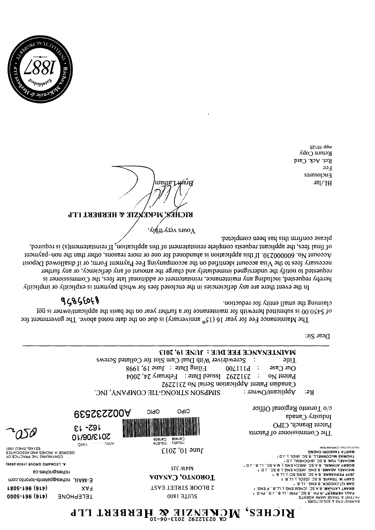 Canadian Patent Document 2312292. Fees 20121210. Image 1 of 1