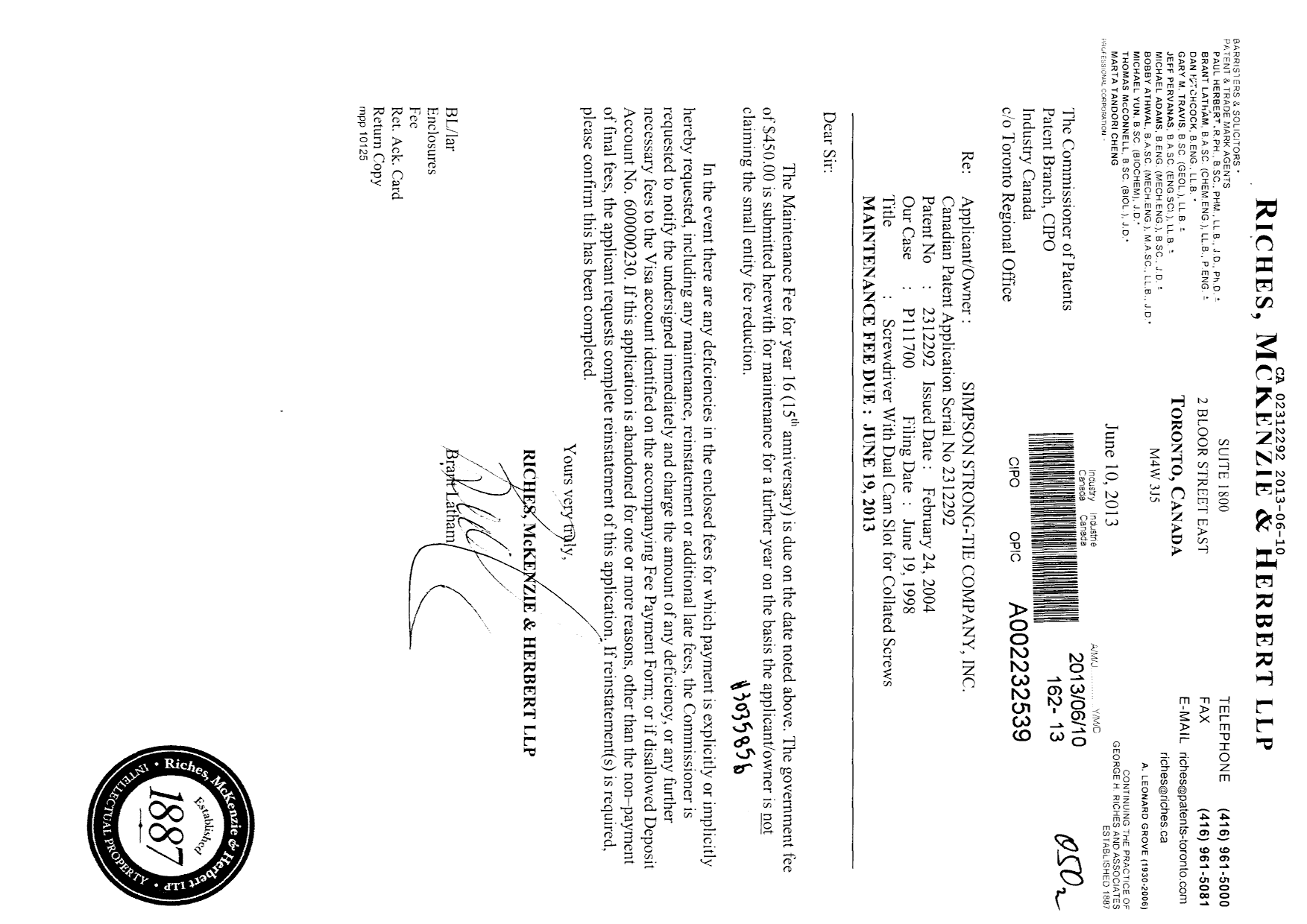 Document de brevet canadien 2312292. Taxes 20121210. Image 1 de 1
