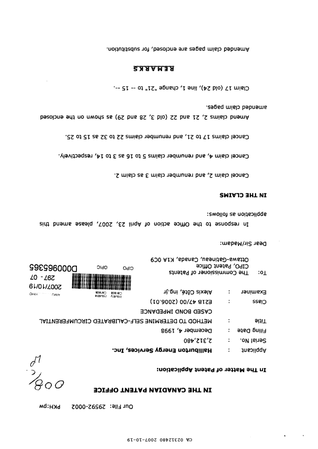 Canadian Patent Document 2312480. Prosecution-Amendment 20071019. Image 1 of 13