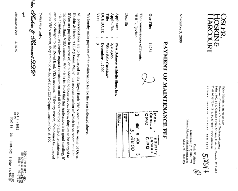 Canadian Patent Document 2312485. Fees 20001103. Image 1 of 1