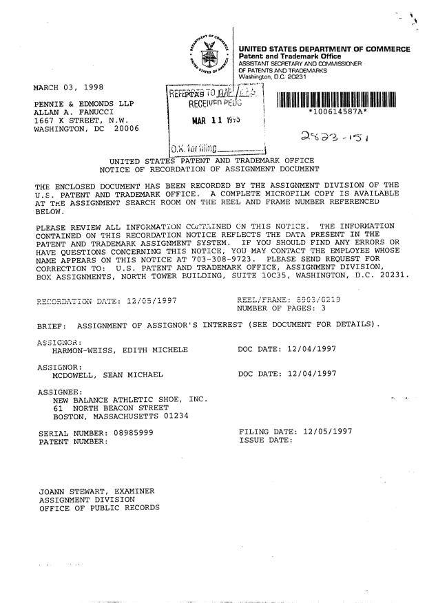 Canadian Patent Document 2312485. Assignment 20001103. Image 2 of 5