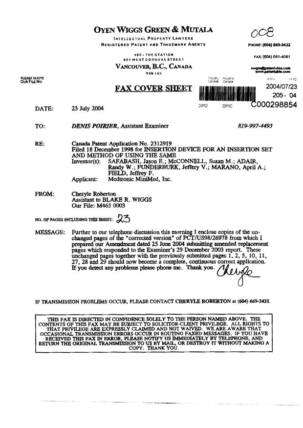 Document de brevet canadien 2312919. Poursuite-Amendment 20040723. Image 1 de 22