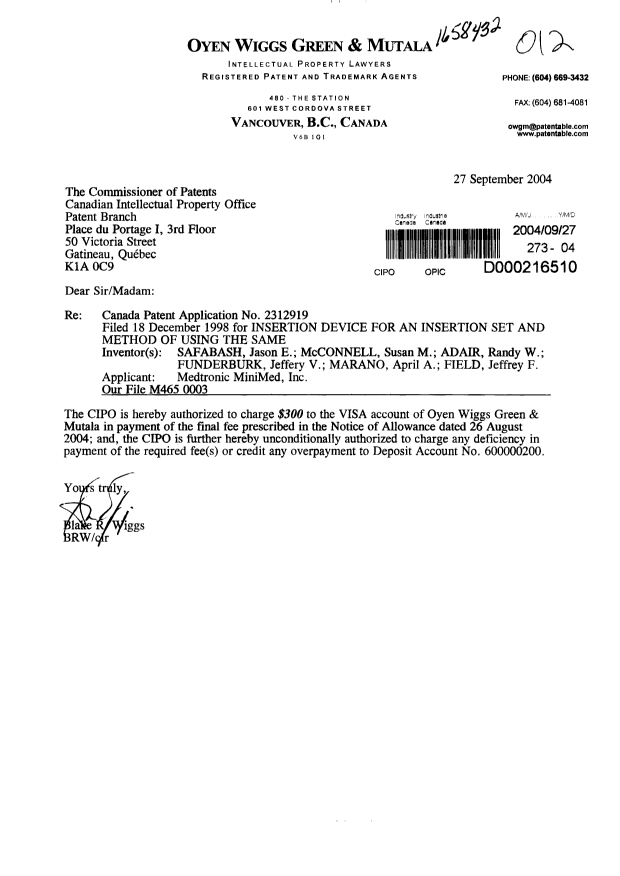 Document de brevet canadien 2312919. Correspondance 20040927. Image 1 de 1