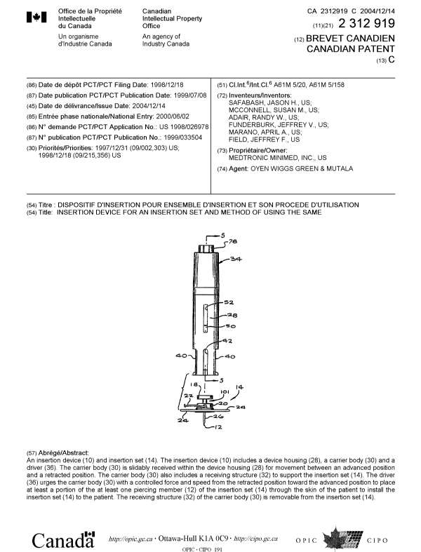Document de brevet canadien 2312919. Page couverture 20041116. Image 1 de 1