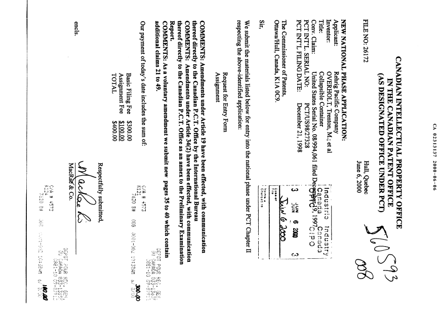 Document de brevet canadien 2313137. Poursuite-Amendment 20000606. Image 1 de 7