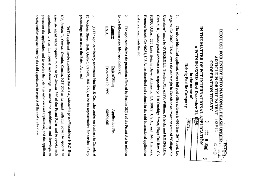 Document de brevet canadien 2313137. Cession 20000606. Image 2 de 6