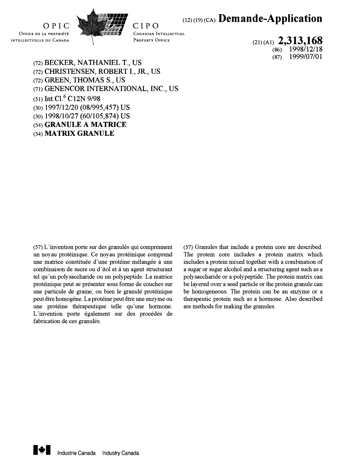 Document de brevet canadien 2313168. Page couverture 20000822. Image 1 de 1