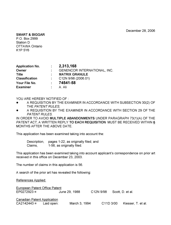 Canadian Patent Document 2313168. Prosecution-Amendment 20061228. Image 1 of 3