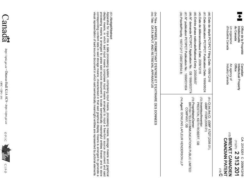 Document de brevet canadien 2313201. Page couverture 20081125. Image 1 de 1