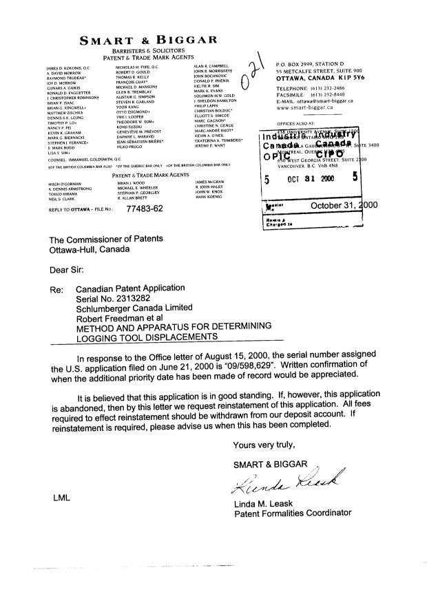 Document de brevet canadien 2313282. Correspondance 20001031. Image 1 de 1