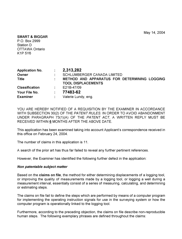 Canadian Patent Document 2313282. Prosecution-Amendment 20040514. Image 1 of 2