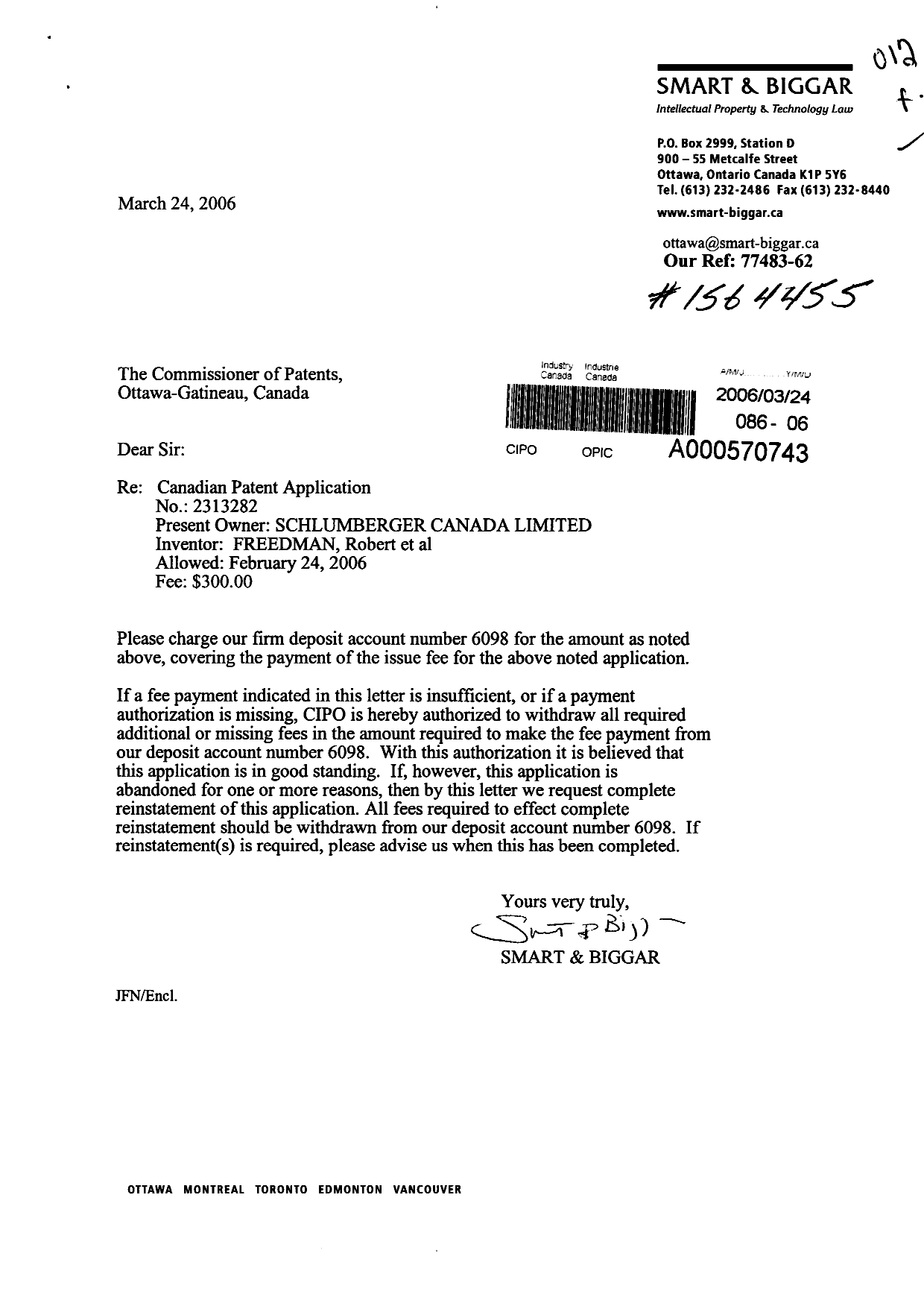 Canadian Patent Document 2313282. Correspondence 20060324. Image 1 of 1