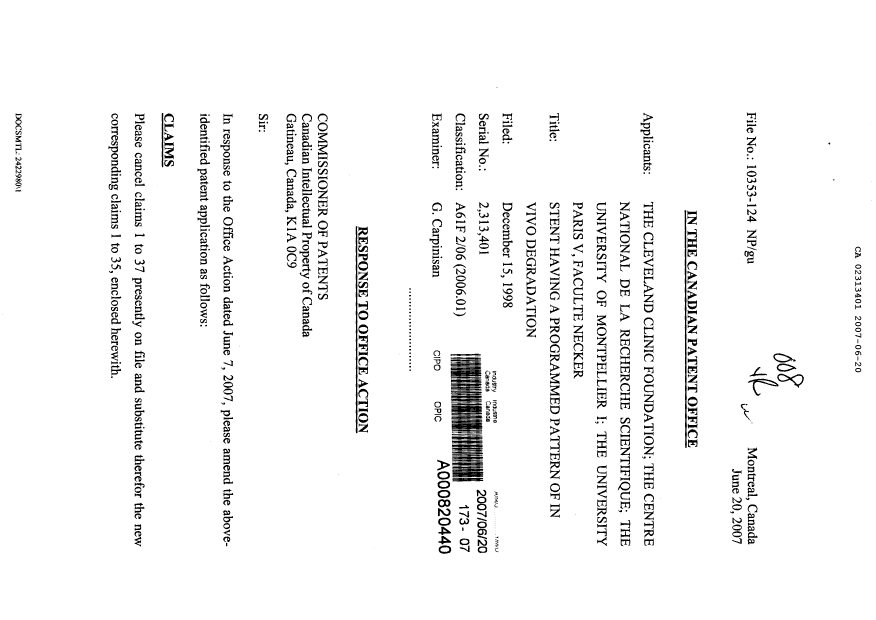 Canadian Patent Document 2313401. Prosecution-Amendment 20070620. Image 1 of 6