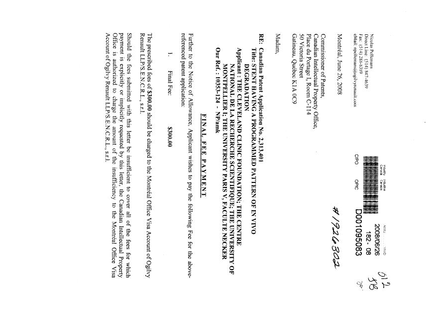 Document de brevet canadien 2313401. Correspondance 20080626. Image 1 de 2