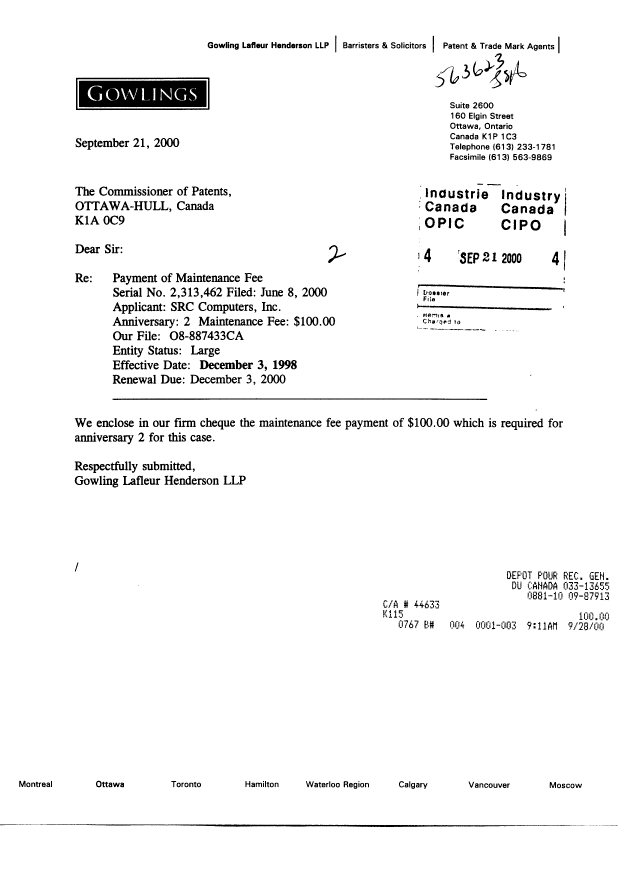 Document de brevet canadien 2313462. Taxes 20000921. Image 1 de 1