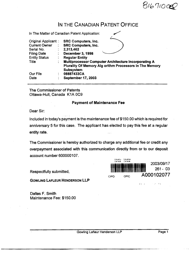 Document de brevet canadien 2313462. Taxes 20030917. Image 1 de 1