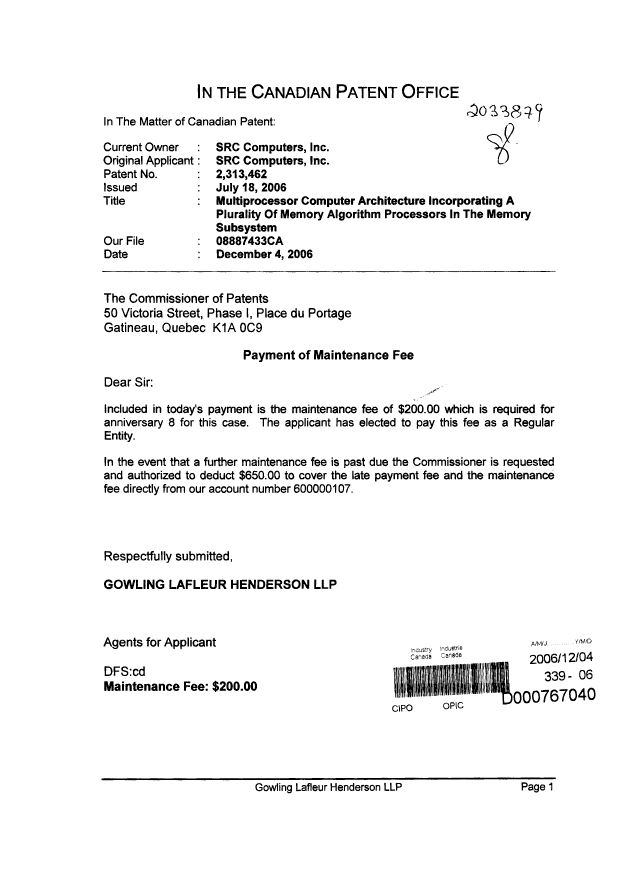 Document de brevet canadien 2313462. Taxes 20061204. Image 1 de 1
