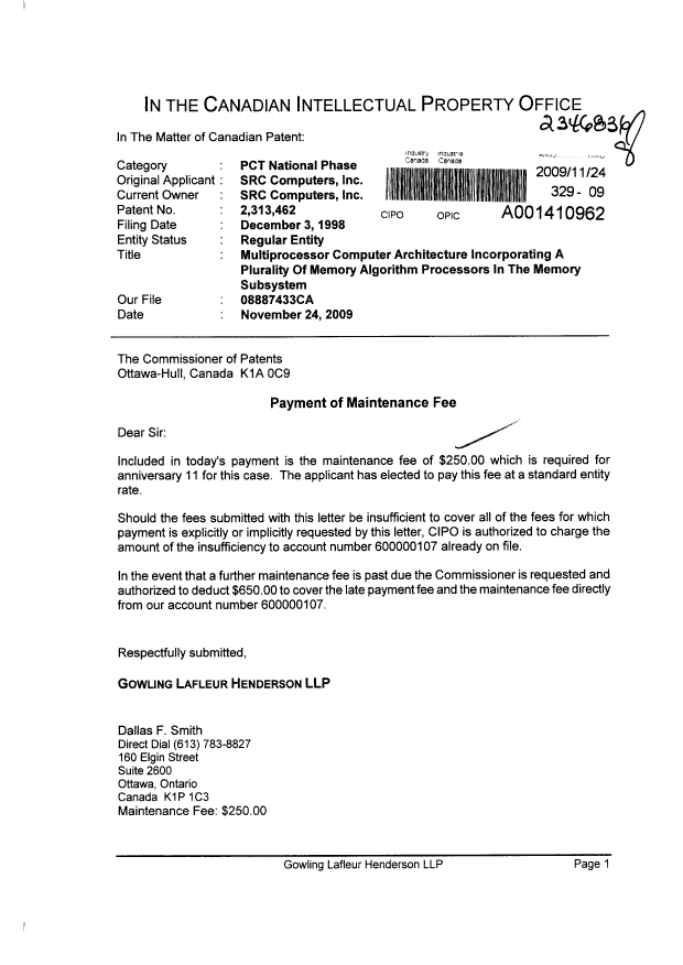 Document de brevet canadien 2313462. Taxes 20091124. Image 1 de 1