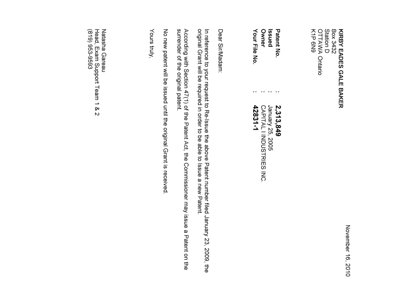 Document de brevet canadien 2313849. Correspondance 20101116. Image 1 de 1