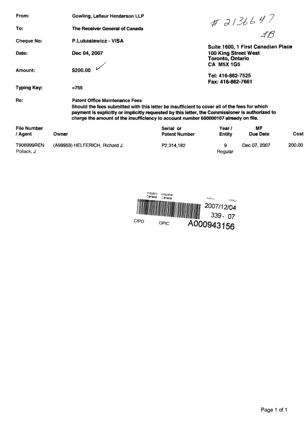 Document de brevet canadien 2314182. Taxes 20071204. Image 1 de 1